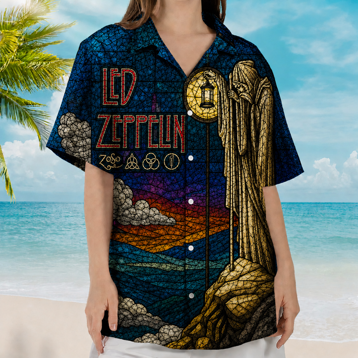Led Zeppelin Stained Glass The Hermit Hawaiian Shirt, Rock Band Button Up Shirt