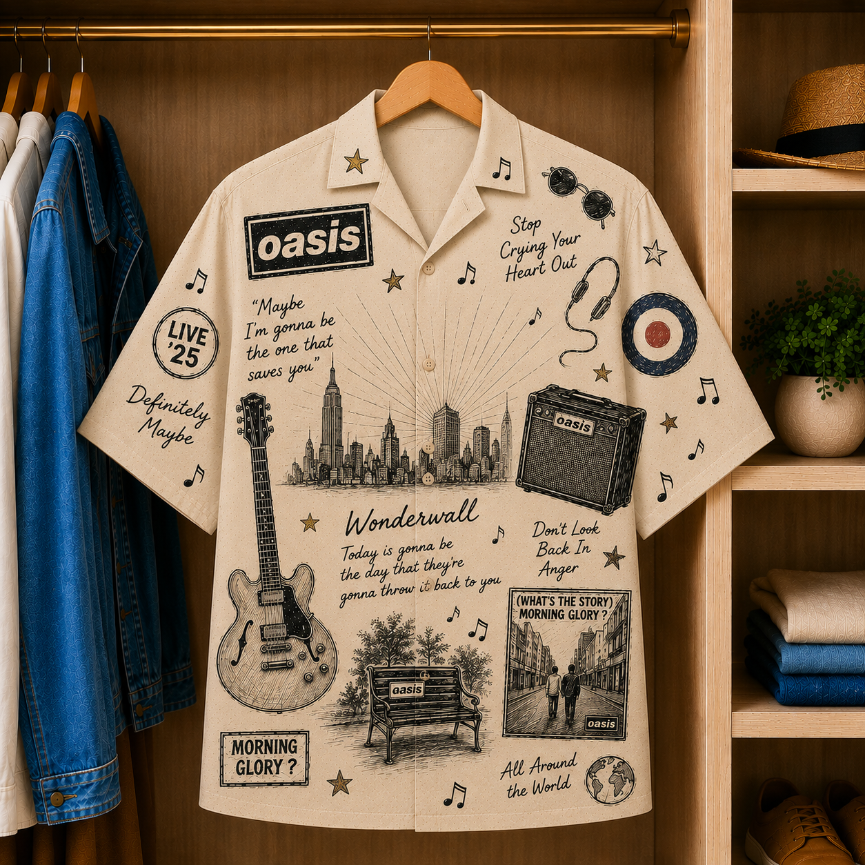 Oasis Vintage Sketch Hawaiian Shirt - Wonderwall Button Up Shirt with Definitely Maybe and Morning Glory Inspired Artwork