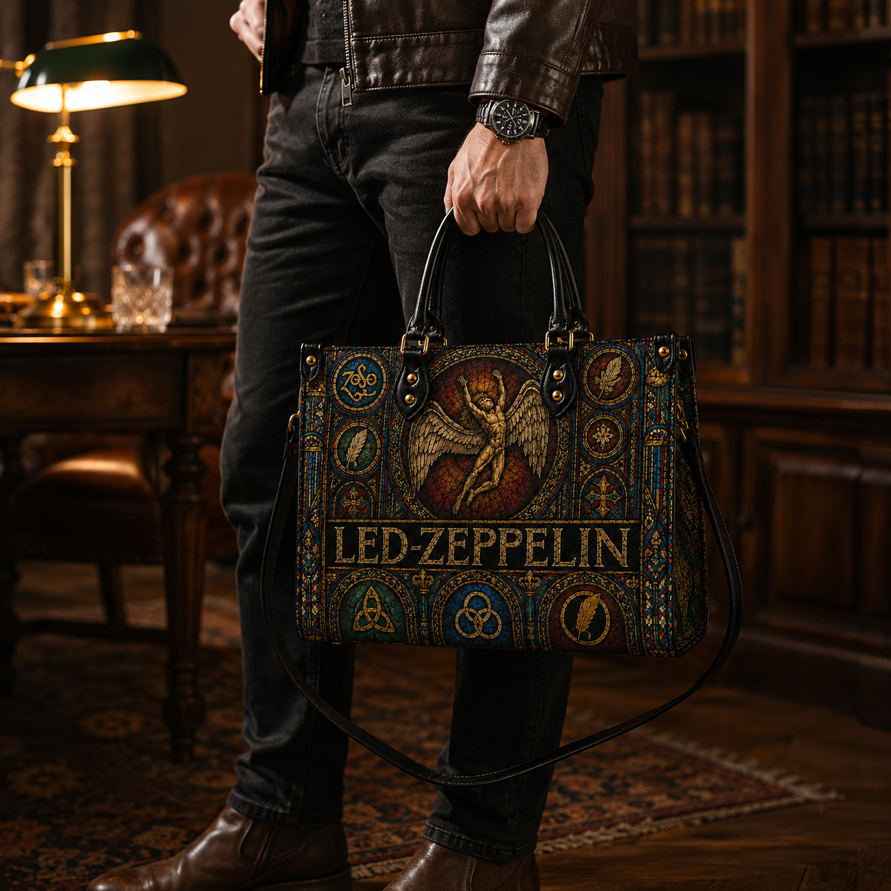 Led Zeppelin Leather Handbag, Leather Tote Bag, Leather Wallet Set - Stained Glass Led Zeppelin Band Fan Gift, Luxury Rock Music Accessories