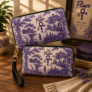 Prince Vintage Purple Toile Leather Handbag, Leather Tote Bag, Leather Wallet Set - Luxury Rock Music Accessories
