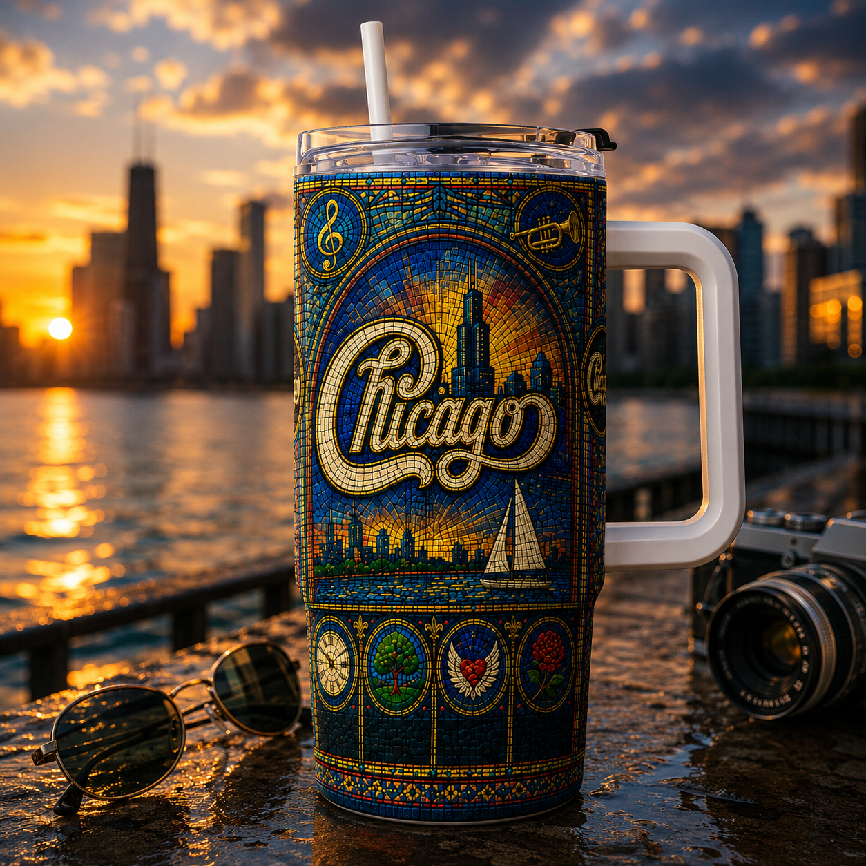 Chicago Stained Glass Tumbler 20oz & 40oz Stainless Steel Travel Mug for Chicago Band Fans