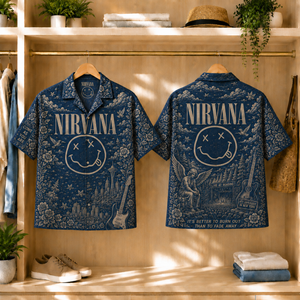 Nirvana Smiley Face Toile Hawaiian Shirt - Classic Rock Vintage All-Over Print Button-Up Shirt