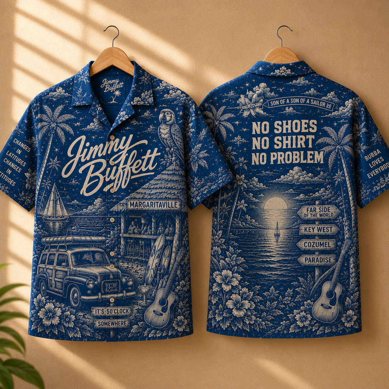 Jimmy Buffett Margaritaville Toile Hawaiian Shirt - Classic Rock Vintage All-Over Print Button-Up Shirt