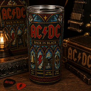 AC/DC Back in Black Stained Glass Tumbler 20oz & 40oz Stainless Steel Travel Mug for Classic Rock Fans