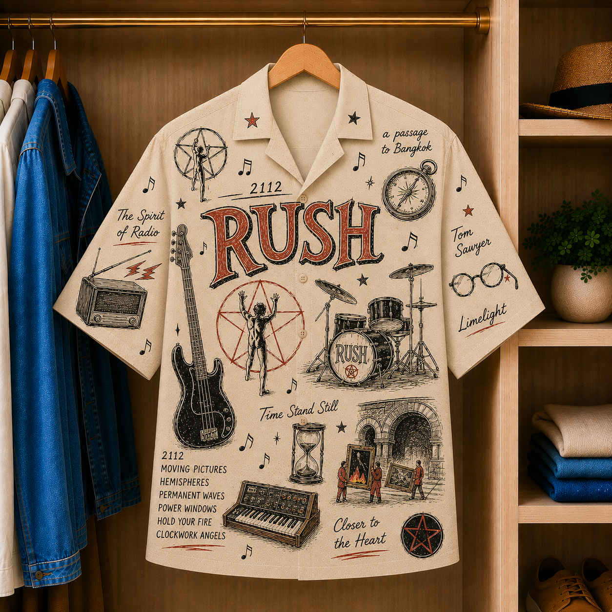 Rush Vintage Sketch Hawaiian Shirt - 2112 Button Up Shirt with Tom Sawyer, Limelight and Progressive Rock Artwork