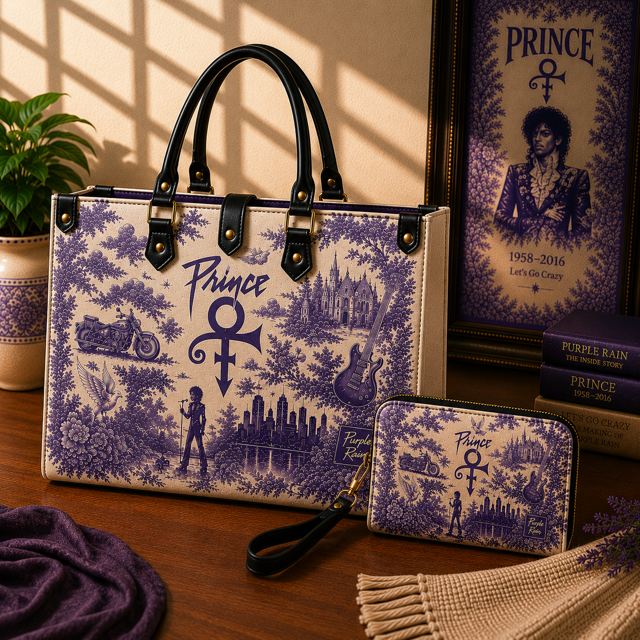 Prince Vintage Purple Toile Leather Handbag, Leather Tote Bag, Leather Wallet Set - Luxury Rock Music Accessories