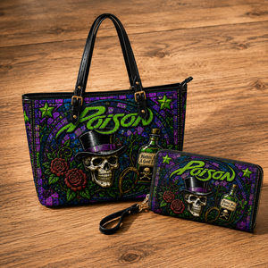 Poison Leather Handbag, Leather Tote Bag, Leather Wallet Set - Stained Glass Mosaic Poison Band Fan Gift, Luxury Rock Music Accessories