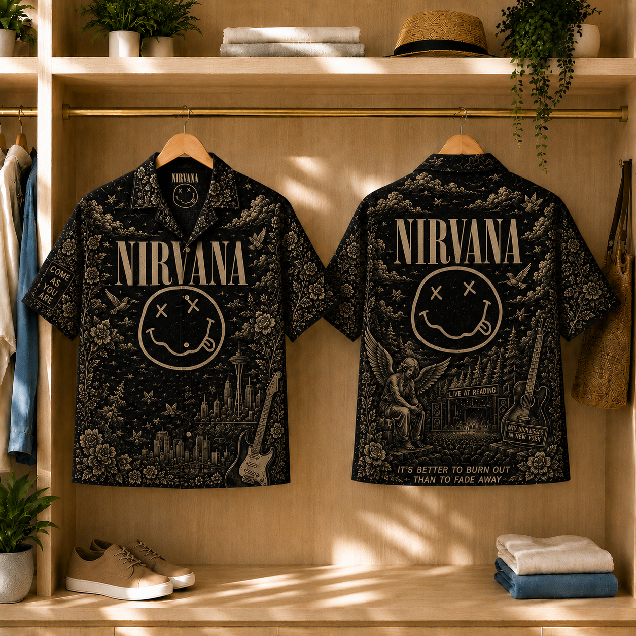 Nirvana Smiley Face Toile Hawaiian Shirt - Classic Rock Vintage All-Over Print Button-Up Shirt