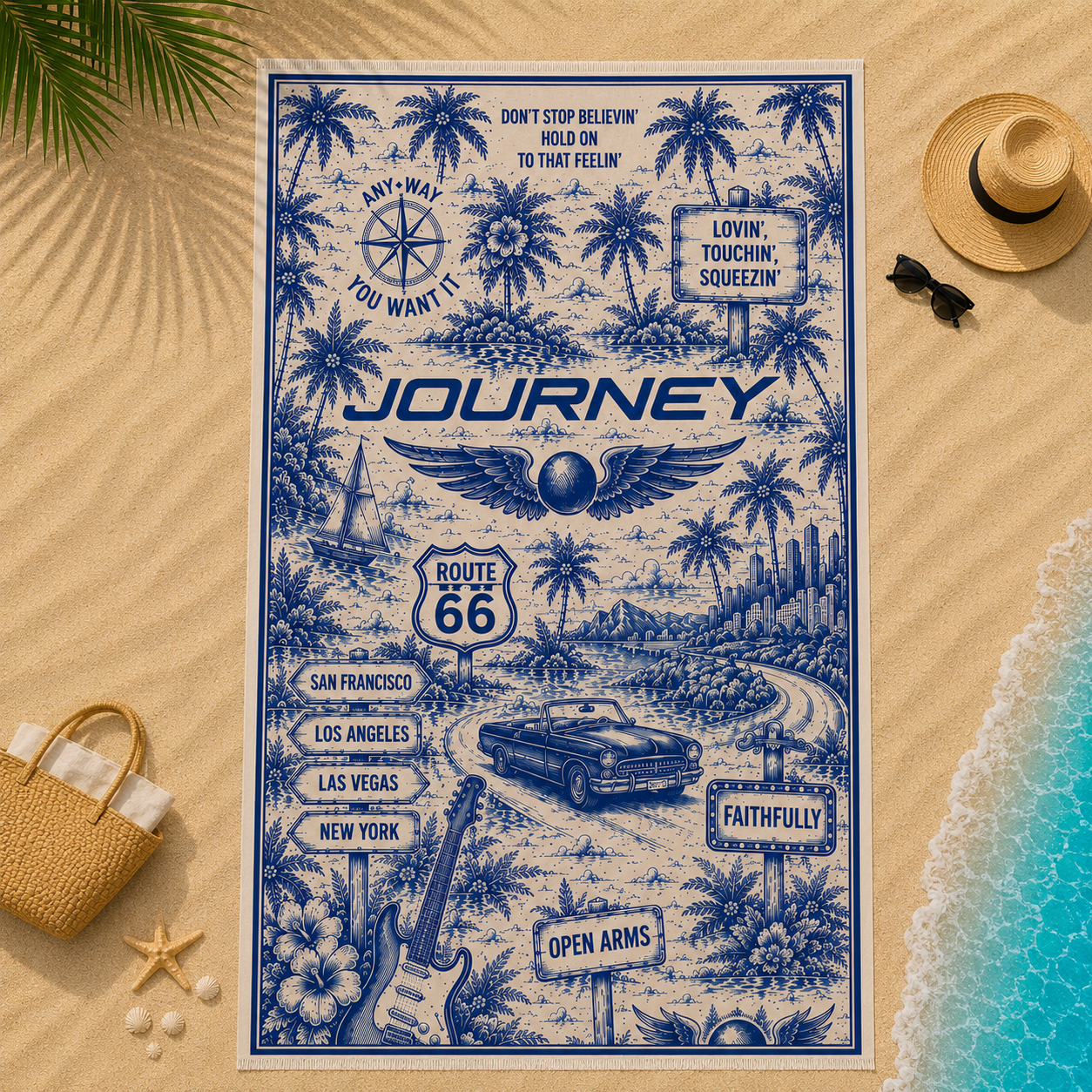 Journey Band Beach Towel Vintage Tropical Route 66 Road Trip Toile Design for Classic Rock Fans