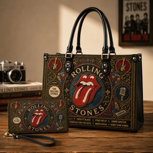 The Rolling Stones Leather Handbag, Tote Bag and Wallet Set, Vintage Stained Glass Tongue Logo Design, Classic Rock Fan Gift