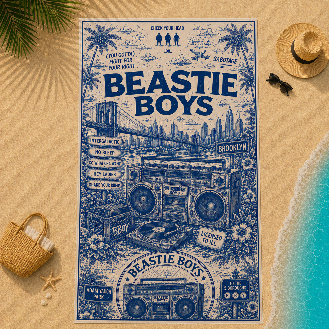 Beastie Boys Beach Towel Vintage Brooklyn Hip Hop Toile Design Featuring No Sleep Till Brooklyn & Classic Boombox Art