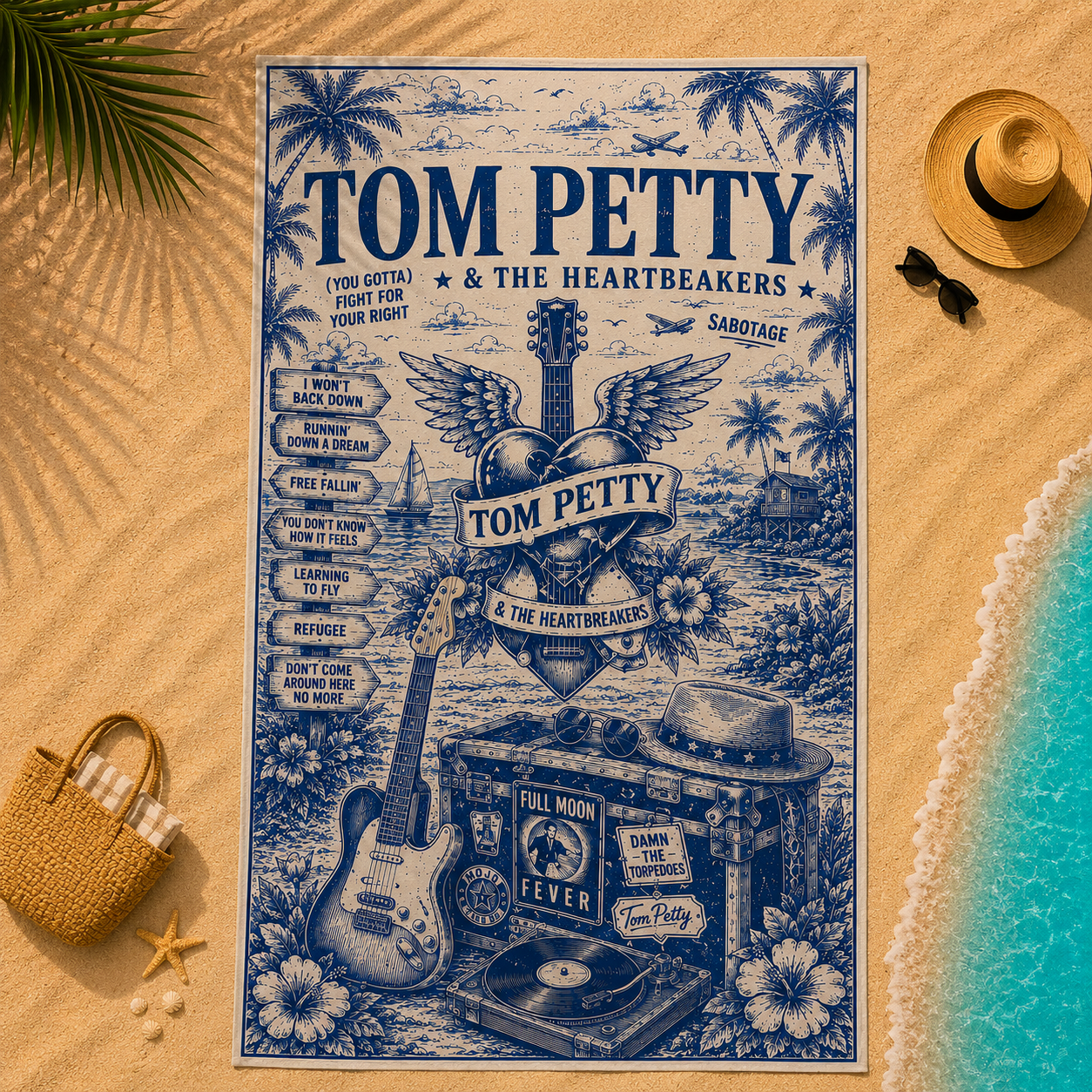 Tom Petty & The Heartbreakers Beach Towel Vintage Tropical Rock Music Design Featuring Free Fallin’, Learning to Fly & Full Moon Fever