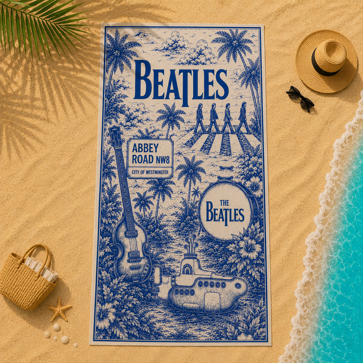The Beatles Beach Towel Vintage Tropical Abbey Road & Yellow Submarine Design for Classic Rock Fans