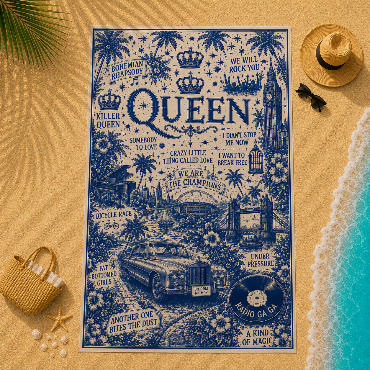 Queen Beach Towel Vintage British Rock Toile Design Featuring Bohemian Rhapsody, We Will Rock You & Classic Queen Icons