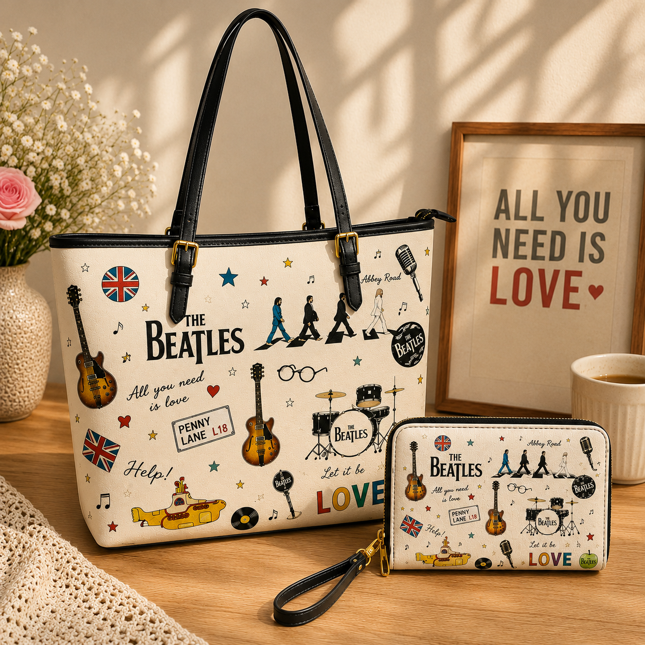 The Beatles Sketch Icon Handbag, Tote Bag and Wallet Set, Abbey Road Classic Rock Accessories, Music Lover Gift