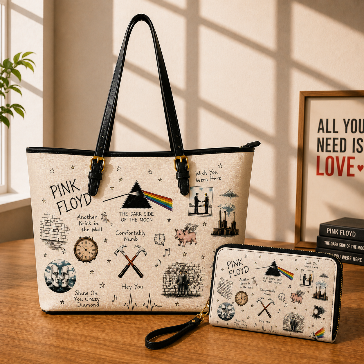 Pink Floyd Sketch Icon Handbag, Tote Bag and Wallet Set, Dark Side of the Moon Classic Rock Accessories, Pink Floyd Fan Gift