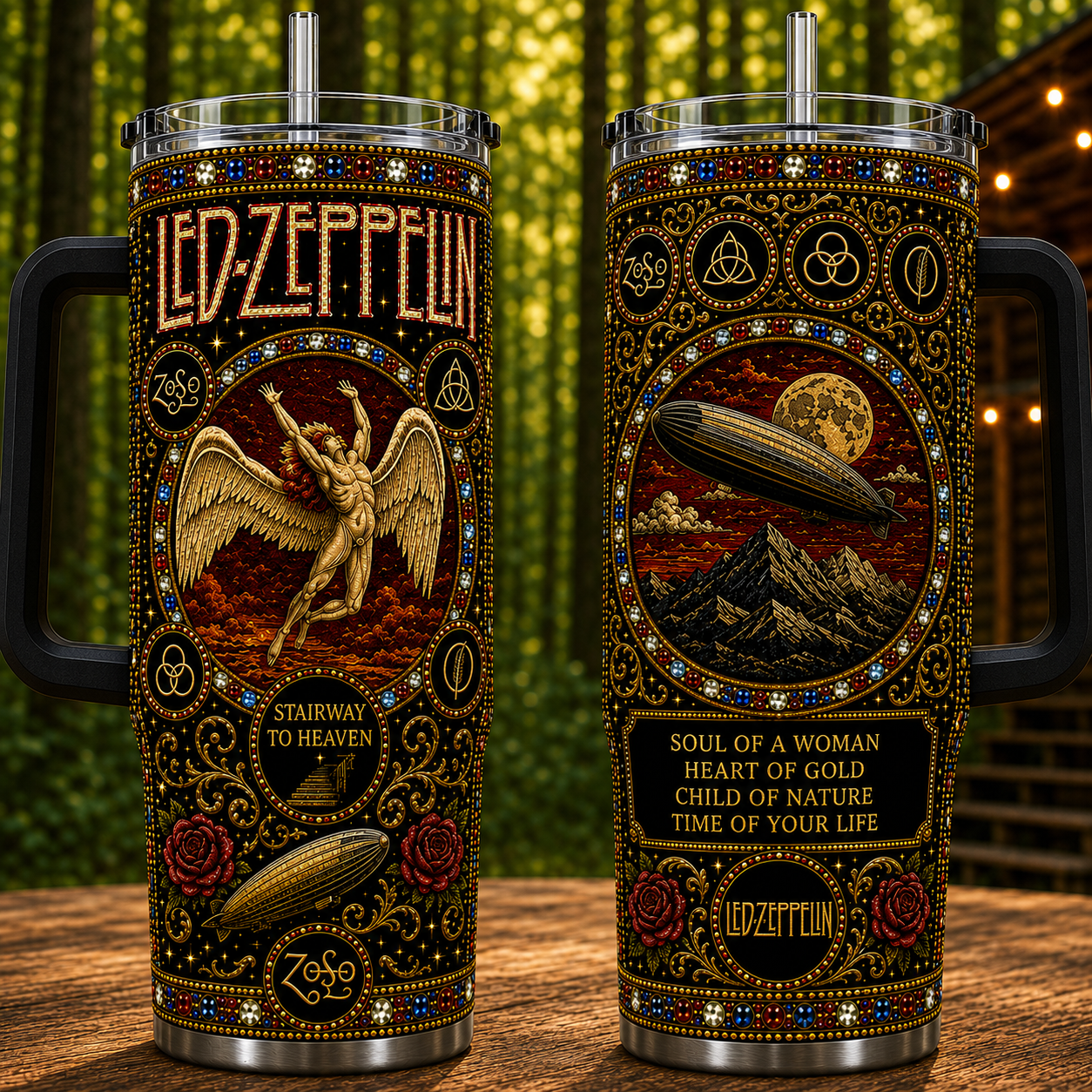 Led Zeppelin 40oz Rhinestone Insulated Tumbler with Handle Stainless Steel Travel Mug with Straw and Lid