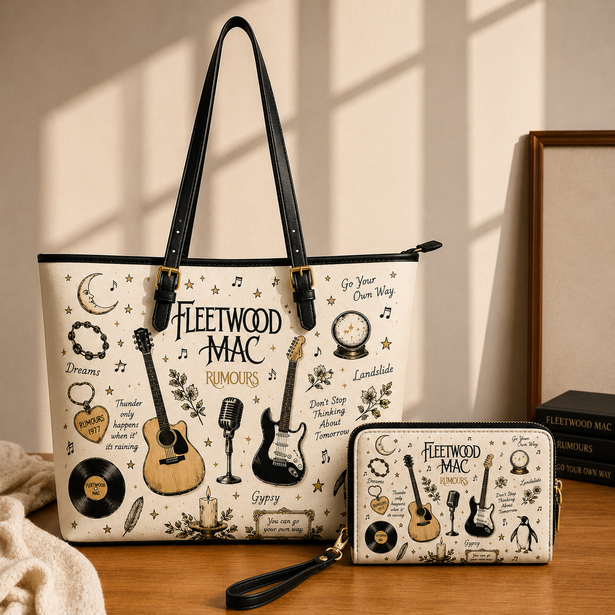 Fleetwood Mac Sketch Icon Handbag, Tote Bag and Wallet Set, Rumours Inspired Vintage Music Lover Gift, Classic Rock Fan Accessories