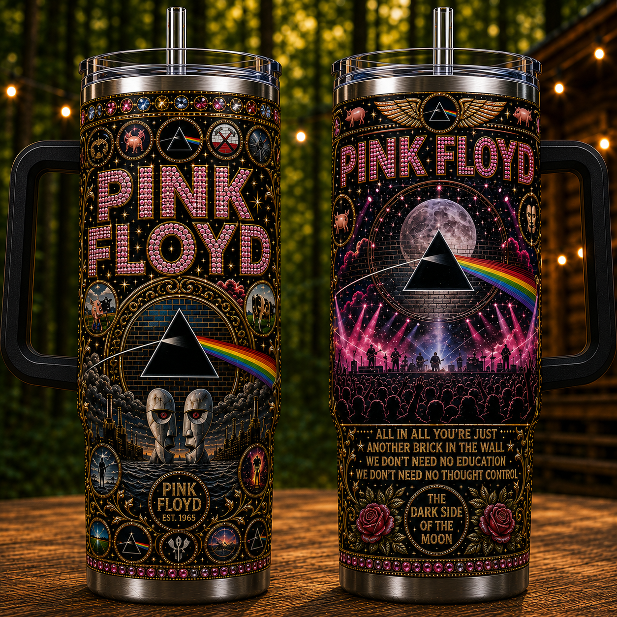 Pink Floyd 40oz Rhinestone Insulated Tumbler with Handle Stainless Steel Travel Mug with Straw and Lid