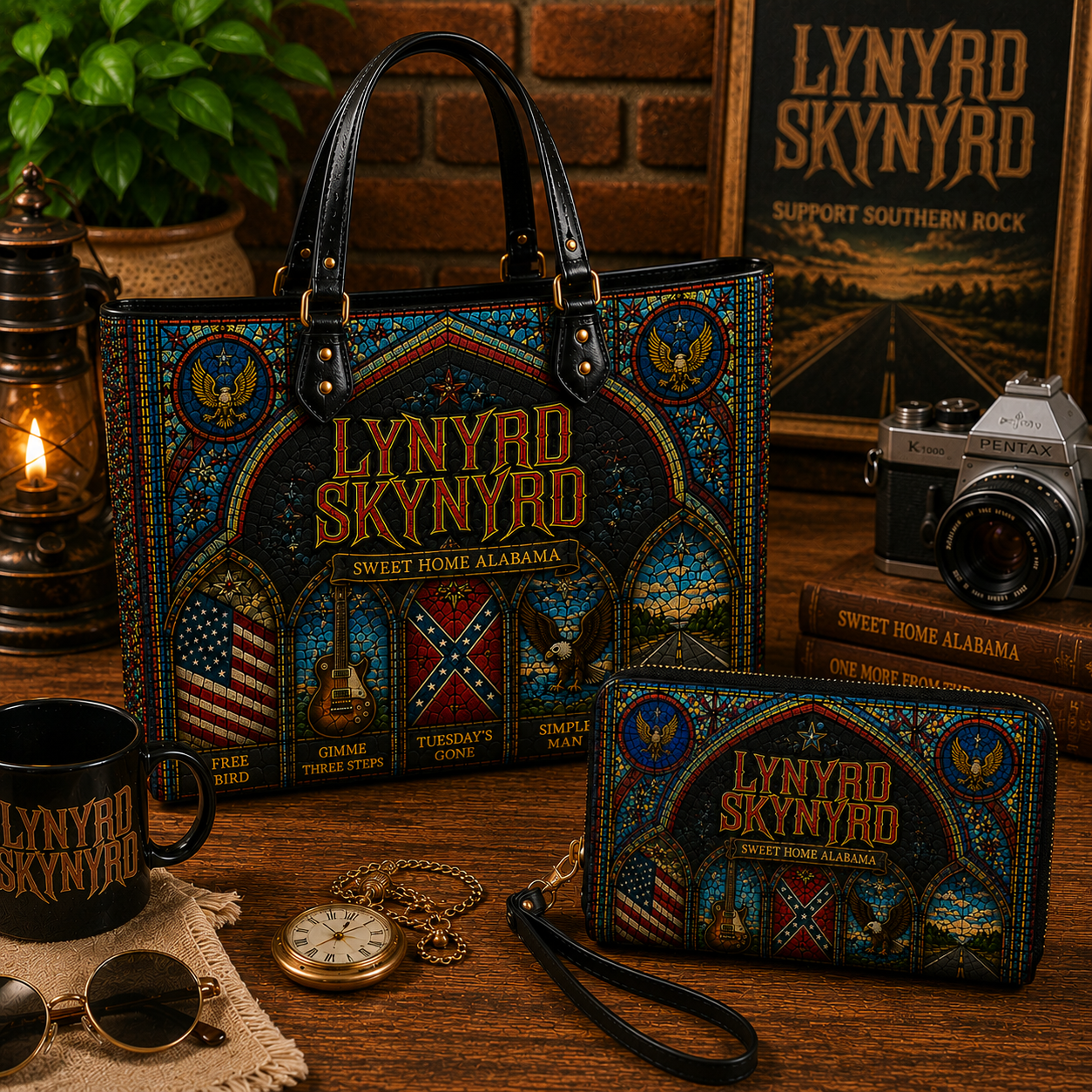 Lynyrd Skynyrd Leather Handbag, Leather Tote Bag, Leather Wallet Set - Stained Glass Lynyrd Skynyrd Band Fan Gift, Luxury Rock Music Accessories