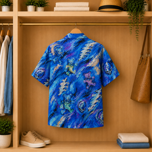 Grateful Dead Dancing Bears Painterly Hawaiian Shirt - Blue Lightning Skull All-Over Print Summer Button-Up Shirt