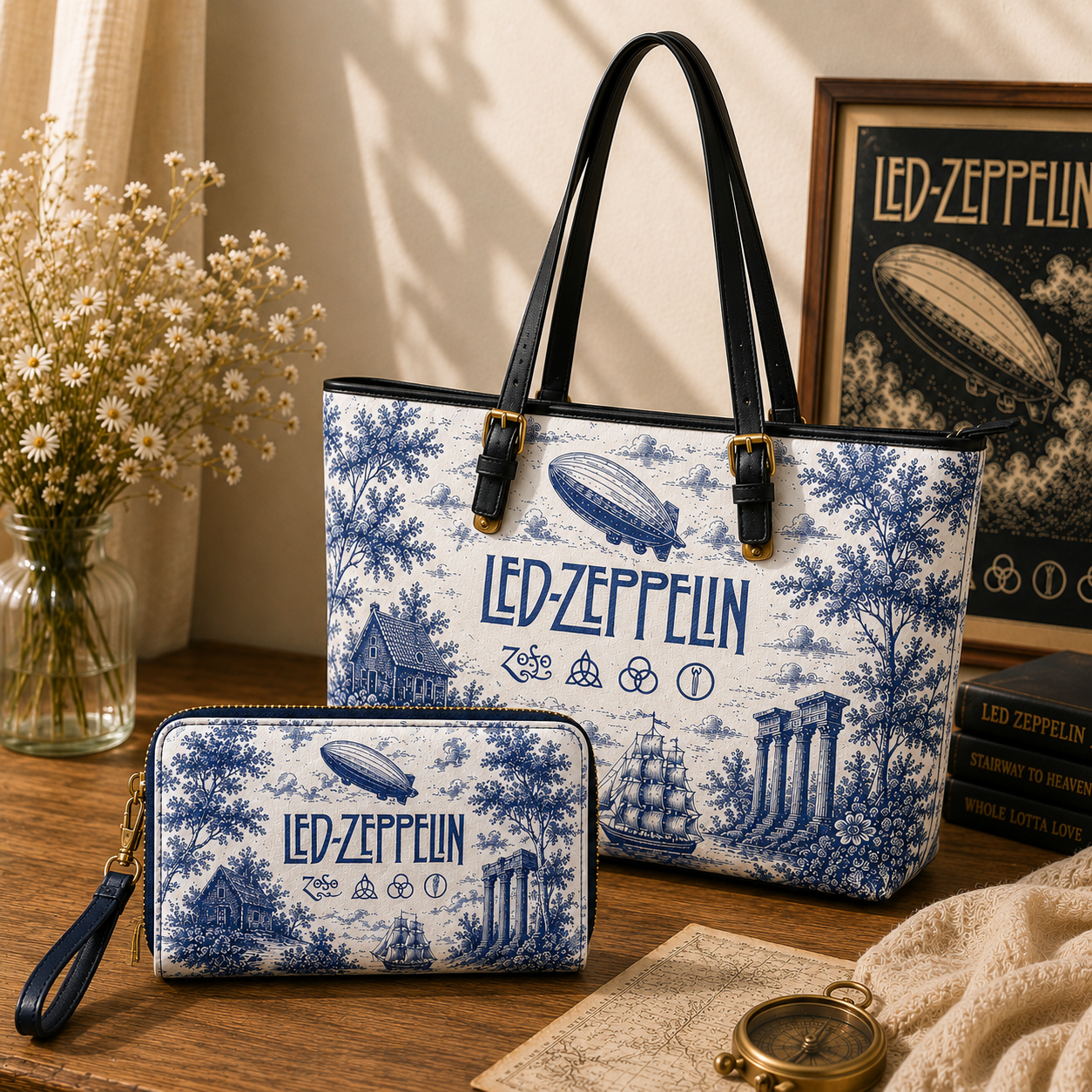 Led Zeppelin Vintage Toile Leather Handbag, Leather Tote Bag, Leather Wallet Set - Luxury Rock Music Accessories