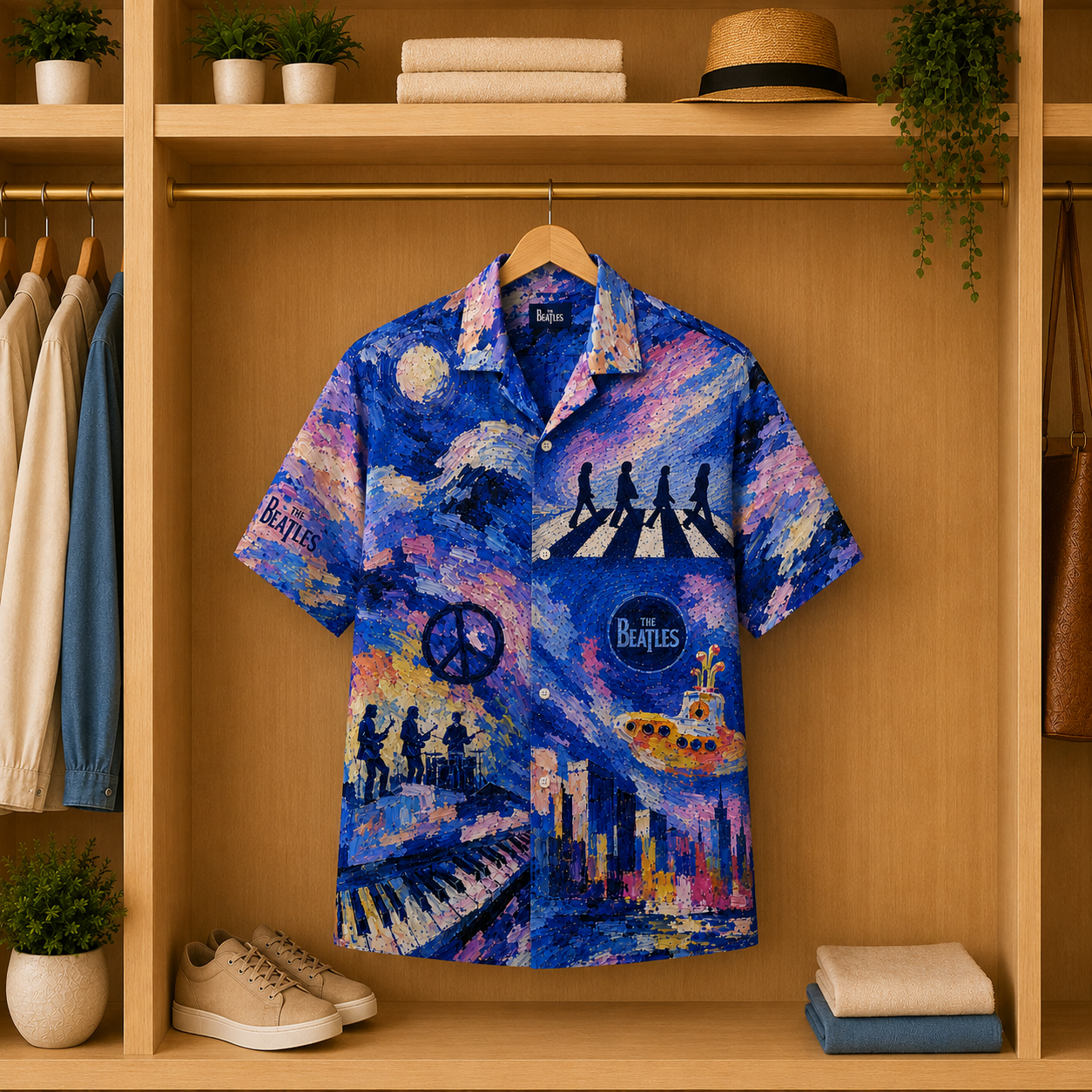 The Beatles Hawaiian Shirt - Painterly Abbey Road Yellow Submarine All-Over Print Summer Button-Up