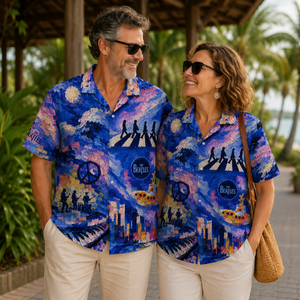 The Beatles Hawaiian Shirt - Painterly Abbey Road Yellow Submarine All-Over Print Summer Button-Up