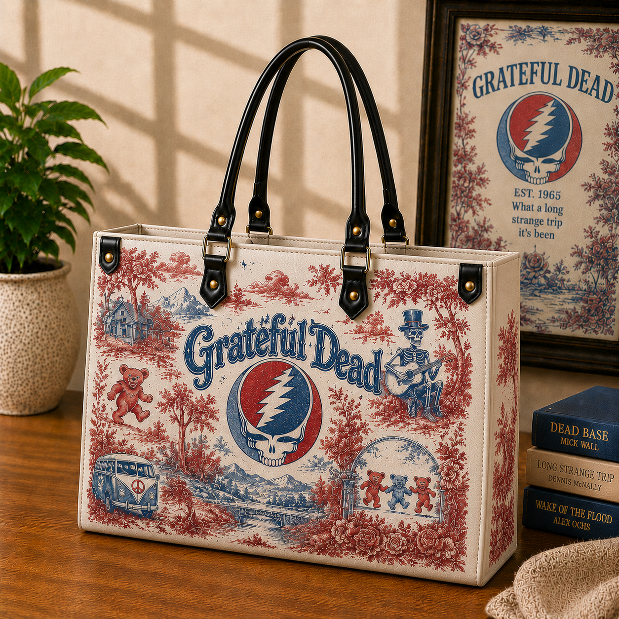 Grateful Dead Vintage Toile Leather Handbag, Leather Tote Bag, Leather Wallet Set - Luxury Rock Music Accessories