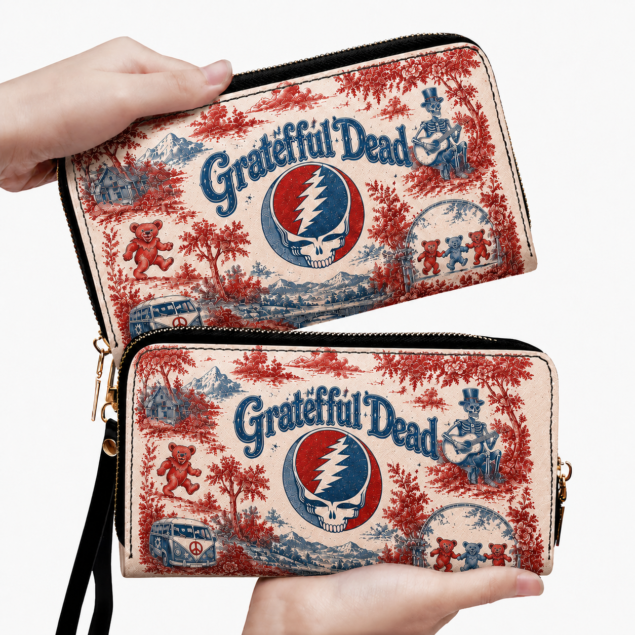 Grateful Dead Vintage Toile Leather Handbag, Leather Tote Bag, Leather Wallet Set - Luxury Rock Music Accessories