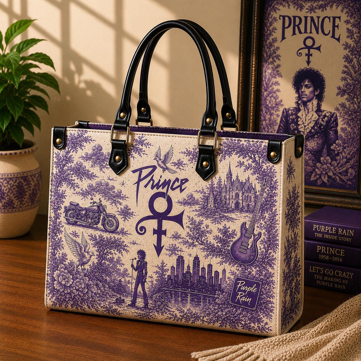 Prince Vintage Purple Toile Leather Handbag, Leather Tote Bag, Leather Wallet Set - Luxury Rock Music Accessories