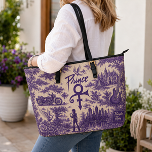 Prince Vintage Purple Toile Leather Handbag, Leather Tote Bag, Leather Wallet Set - Luxury Rock Music Accessories