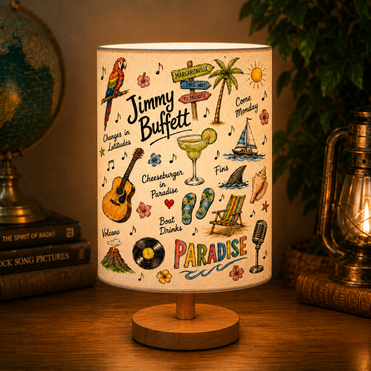 Jimmy Buffett Sketch Fabric Table Lamp Tropical Music Room Decor Bedside Lamp