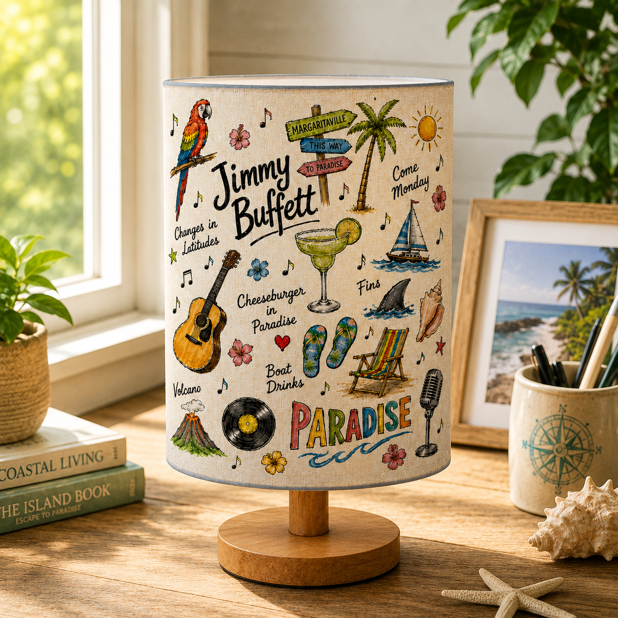 Jimmy Buffett Sketch Fabric Table Lamp Tropical Music Room Decor Bedside Lamp