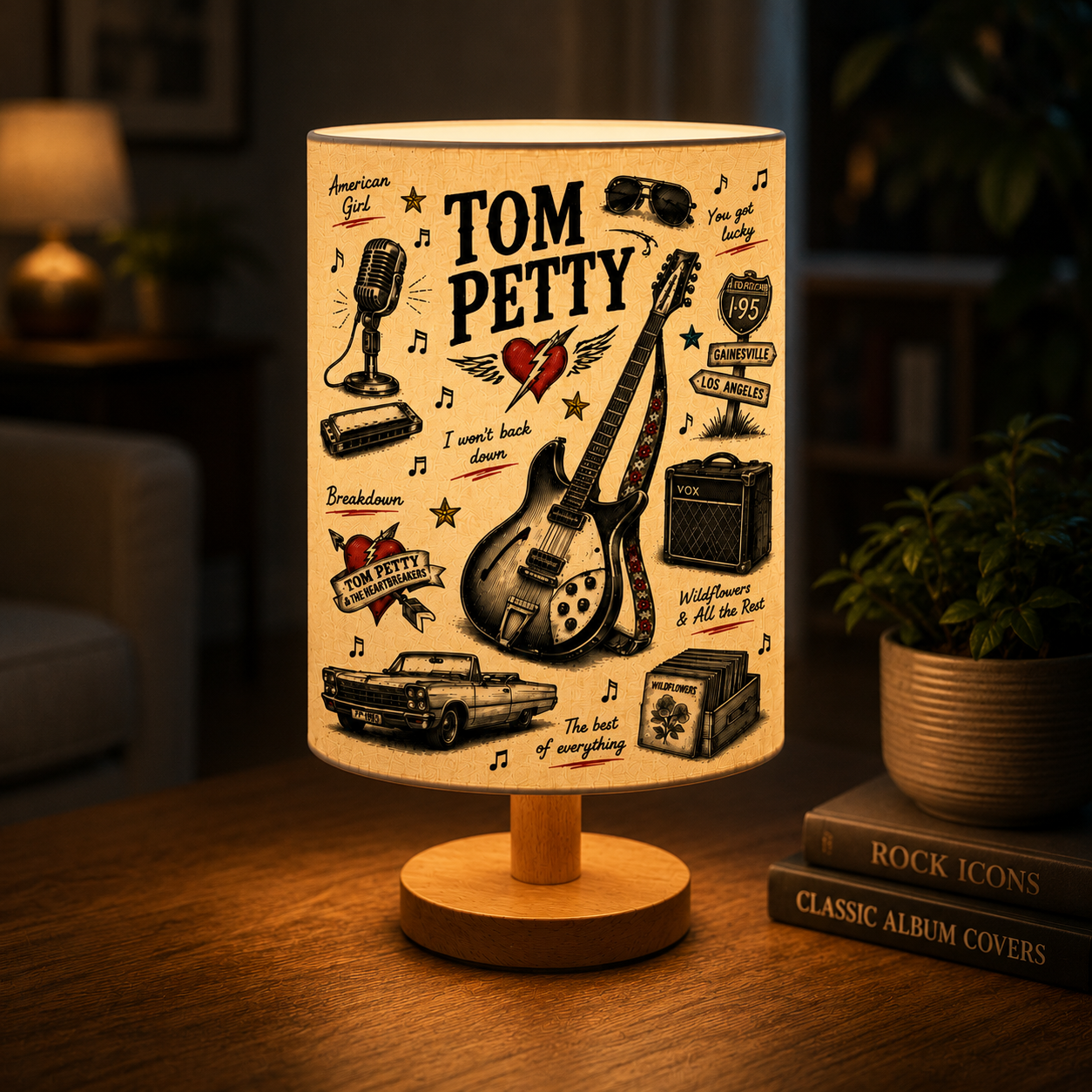 Tom Petty Sketch Fabric Table Lamp Music Room Decor Wooden Bedside Lamp Gift