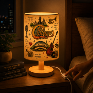 Chicago Band Sketch Fabric Table Lamp Classic Rock Music Decor Wooden Bedside Lamp