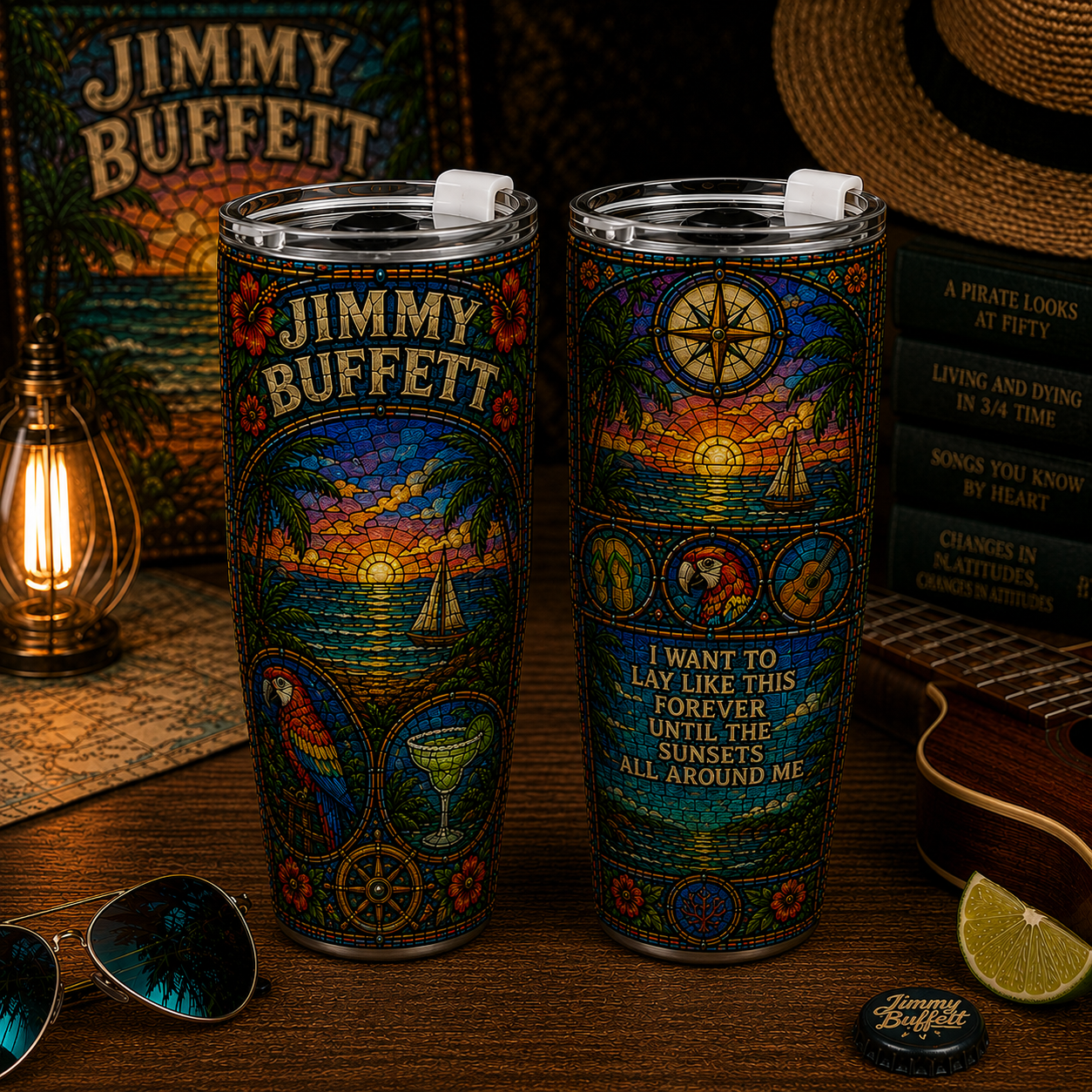 Jimmy Buffett 20oz & 40oz Stained Glass Stainless Steel Tumbler Tropical Sunset Travel Mug Double Wall Vacuum Insulated Cup