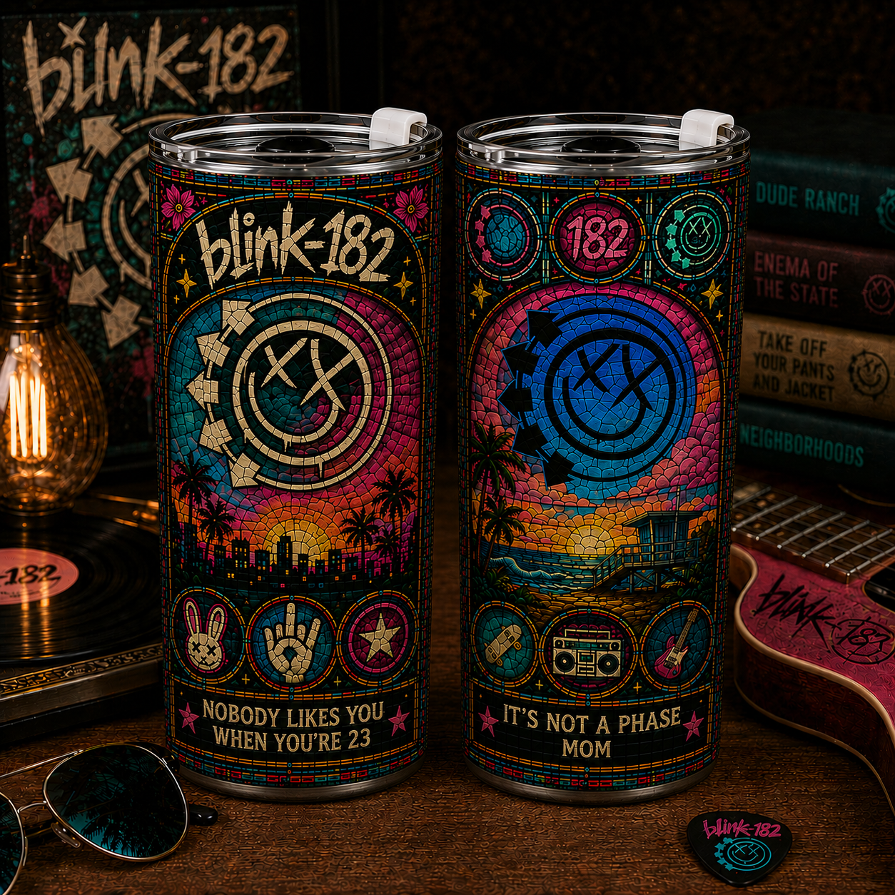 Blink-182 20oz & 40oz Stained Glass Stainless Steel Tumbler Classic Rock Travel Mug With Lid and Straw