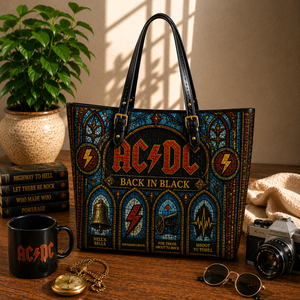 AC/DC Leather Handbag, Leather Tote Bag, Leather Wallet Set - Stained Glass AC/DC Band Fan Gift, Luxury Rock Music Accessories