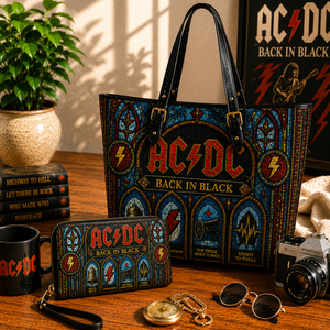 AC/DC Leather Handbag, Leather Tote Bag, Leather Wallet Set - Stained Glass AC/DC Band Fan Gift, Luxury Rock Music Accessories