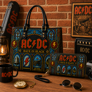 AC/DC Leather Handbag, Leather Tote Bag, Leather Wallet Set - Stained Glass AC/DC Band Fan Gift, Luxury Rock Music Accessories