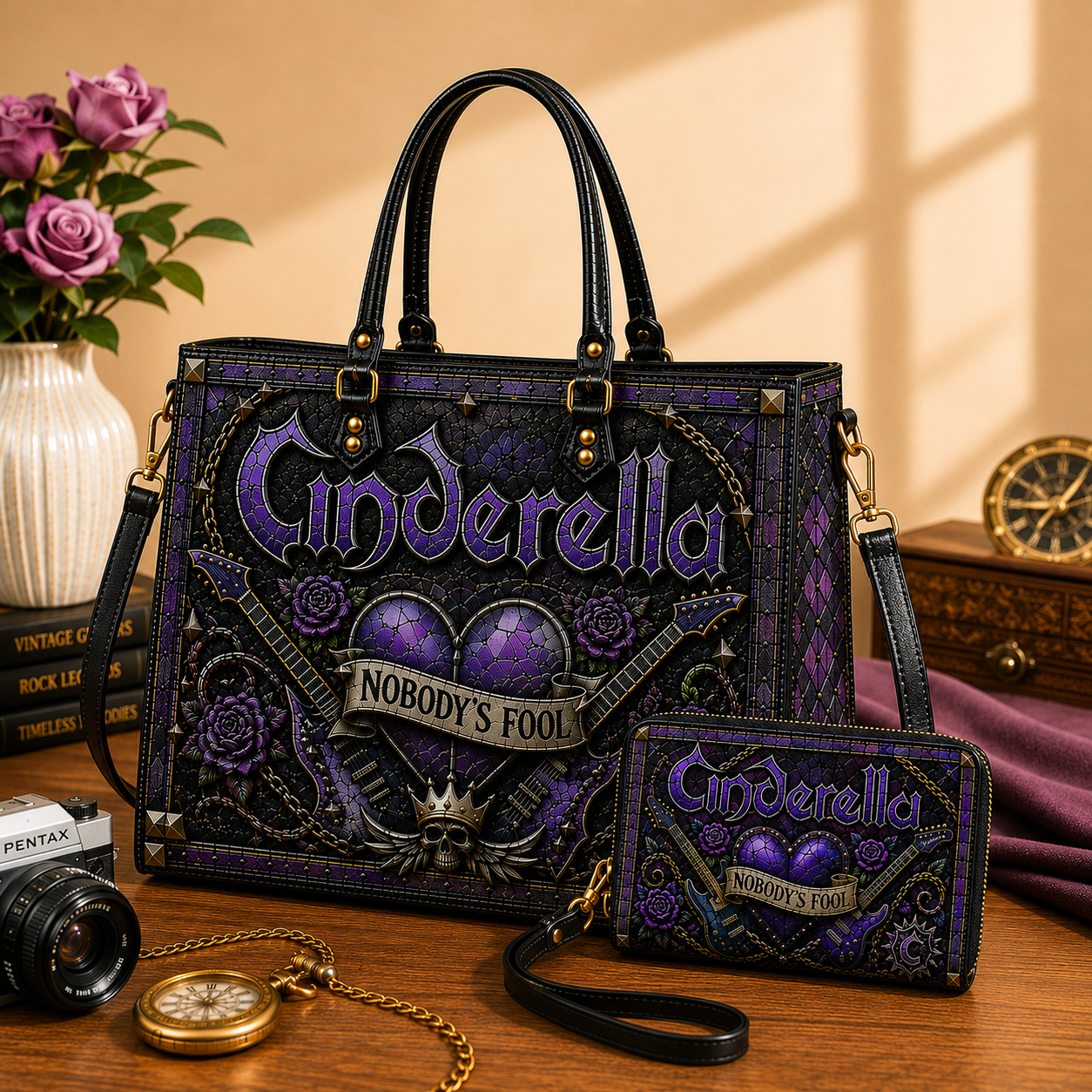 Cinderella Leather Handbag, Leather Tote Bag, Leather Wallet Set - Stained Glass Mosaic Cinderella Band Fan Gift, Luxury Rock Music Accessories
