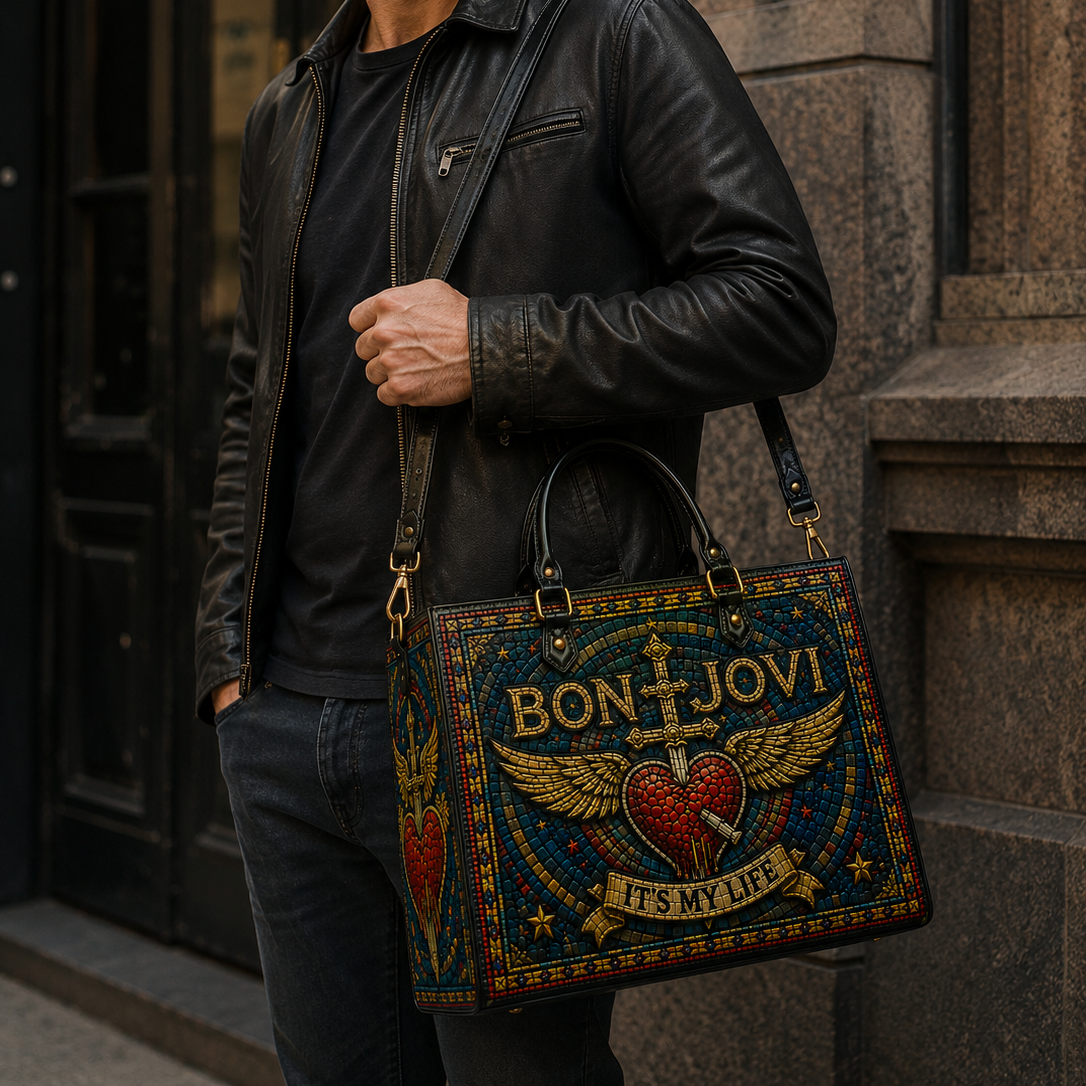 Bon Jovi Leather Handbag, Leather Tote Bag, Leather Wallet Set - Stained Glass Mosaic Bon Jovi Band Fan Gift, Luxury Rock Music Accessories