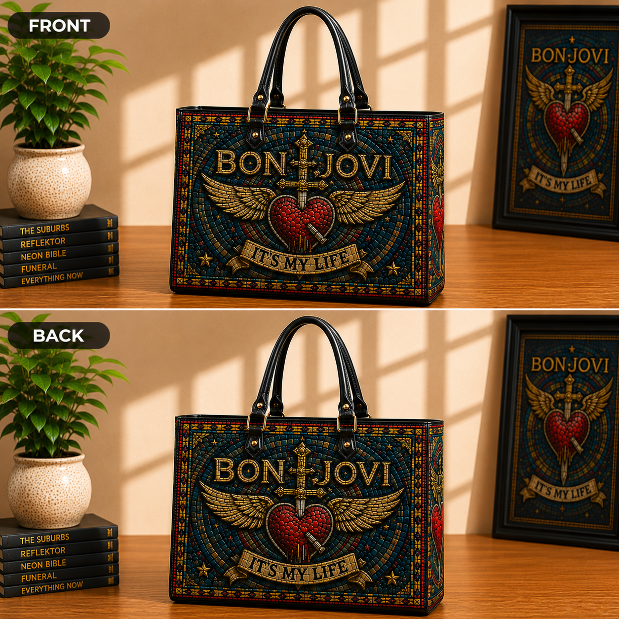 Bon Jovi Leather Handbag, Leather Tote Bag, Leather Wallet Set - Stained Glass Mosaic Bon Jovi Band Fan Gift, Luxury Rock Music Accessories