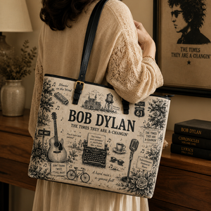 Bob Dylan Vintage Toile Leather Handbag, Leather Tote Bag, Leather Wallet Set - Luxury Rock Music Accessories