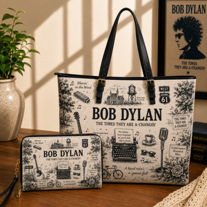 Bob Dylan Vintage Toile Leather Handbag, Leather Tote Bag, Leather Wallet Set - Luxury Rock Music Accessories