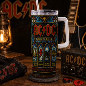 AC/DC Back in Black Stained Glass Tumbler 20oz & 40oz Stainless Steel Travel Mug for Classic Rock Fans