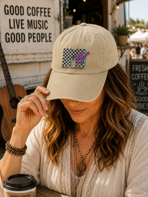 MTV Checkerboard Logo Cap Vintage Washed Hat, Retro 80s Music Television Streetwear Hat (With Box)