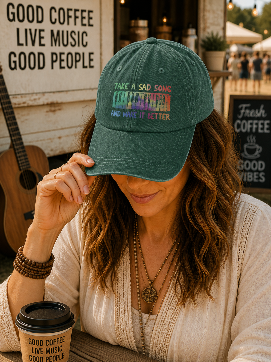 Take A Sad Song Piano Cap Vintage Blue Dad Hat, Retro Music Quote Minimalist Piano Hat (With Box)