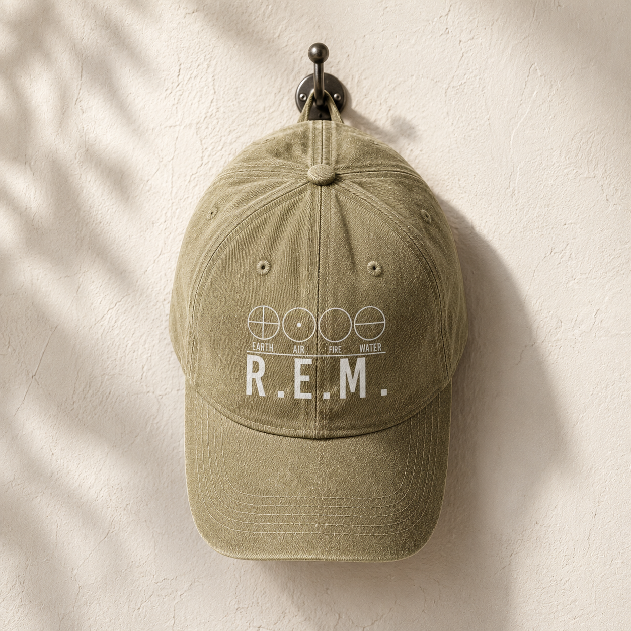 R.E.M Elements Logo Cap Vintage Washed Black Denim Dad Hat, Earth Air Fire Water Minimalist Band Hat (With Box)